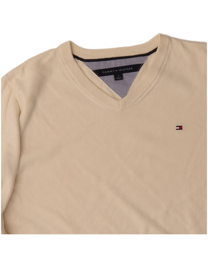 TOMMY HILFIGER Mens V-Neck Jumper Sweater Medium Off White Cotton