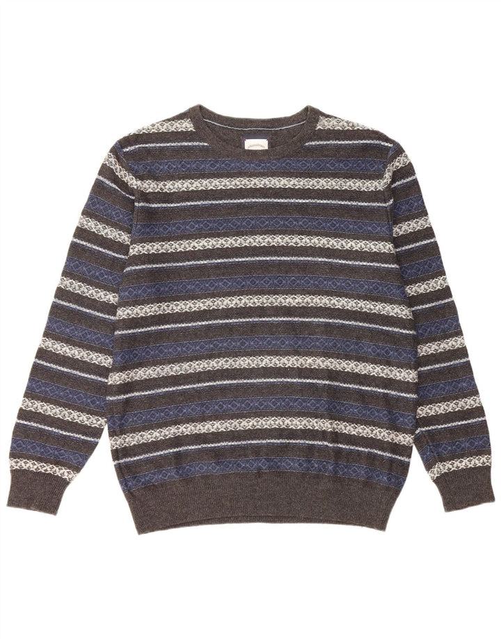 Vintage Mens Crew Neck Jumper Sweater Medium Grey Striped Cotton