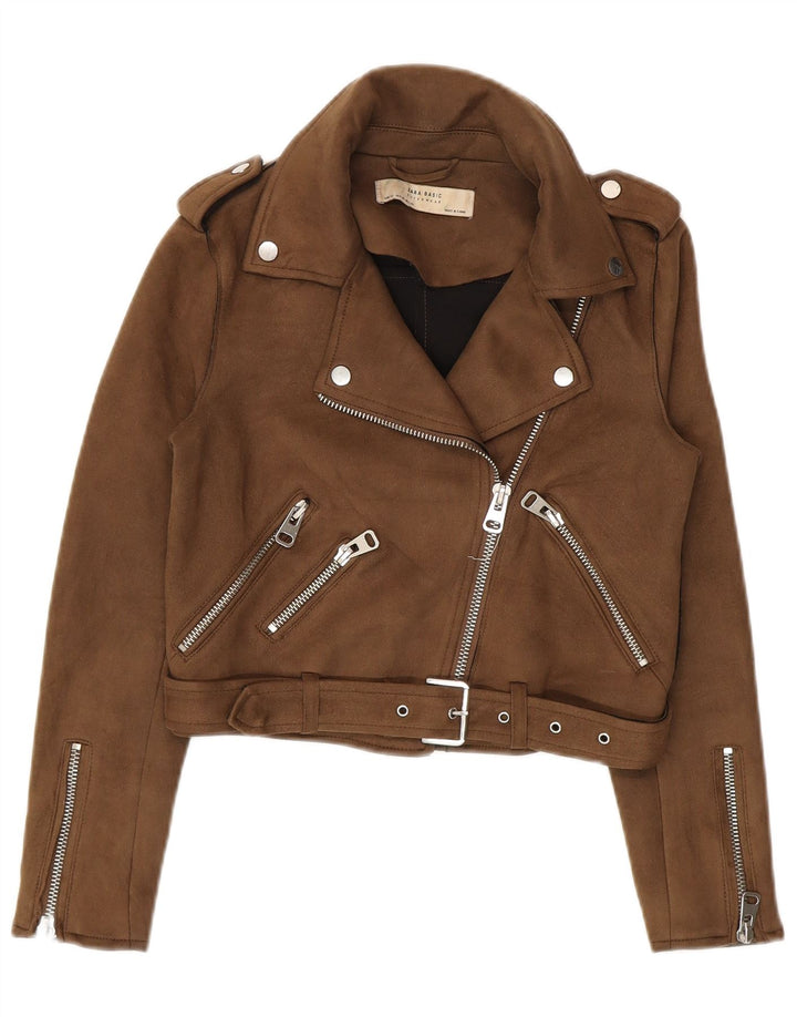 Zara Womens Crop Biker Jacket UK 6 XS Brown