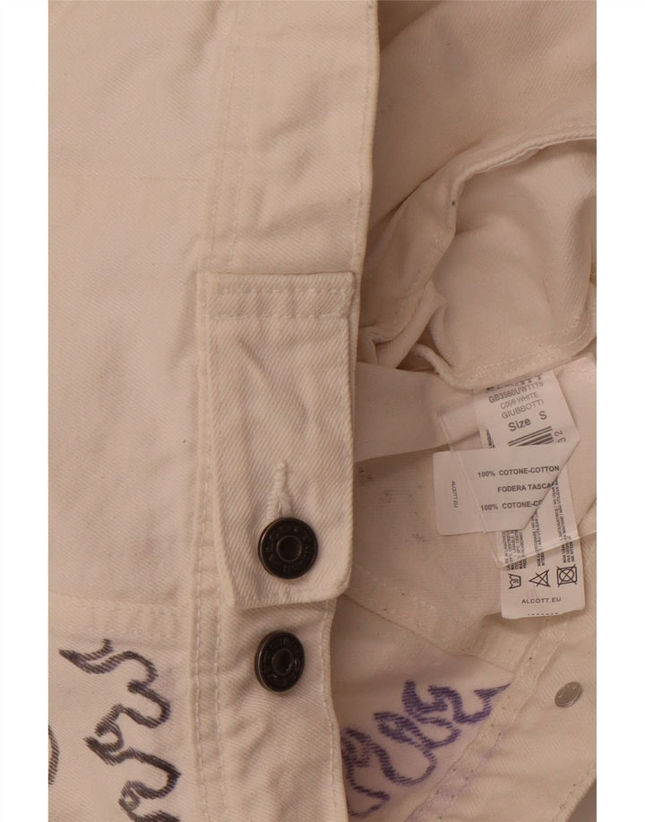 ALCOTT Womens Graphic Denim Jacket UK 1O Small White Cotton