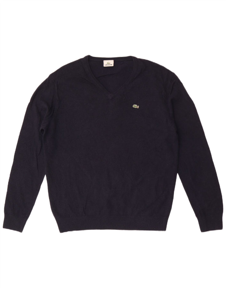 Lacoste Mens V-Neck Jumper Sweater Size 5 Large Navy Blue Wool