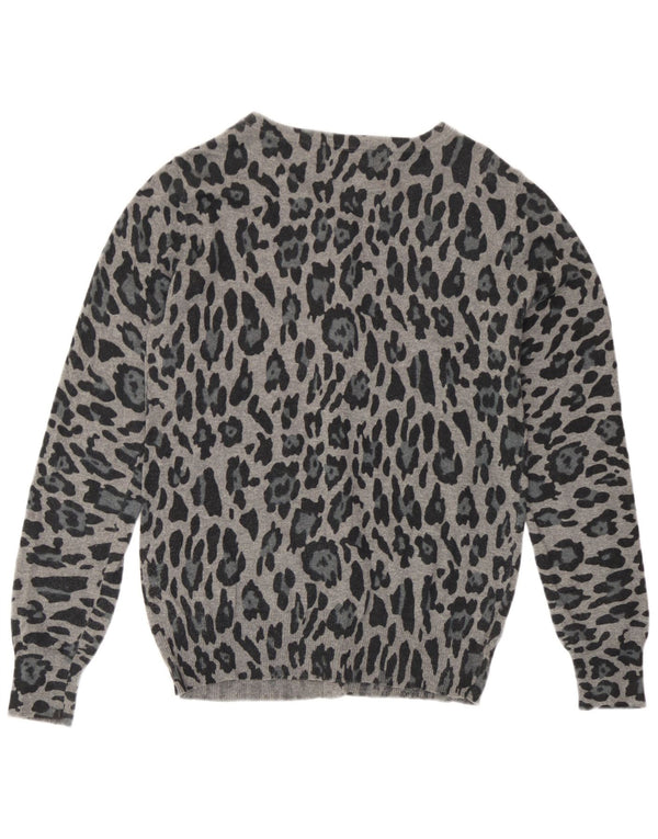 Zara Womens Cardigan Sweater UK 12 Medium Grey Animal Print Cotton