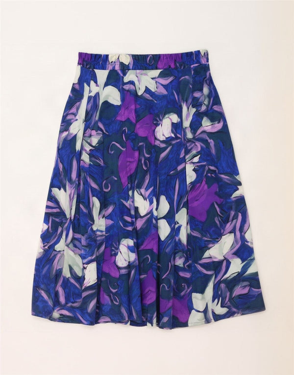 Vintage Womens Pleated Skirt UK 18 XL W38 Blue Floral Nylon