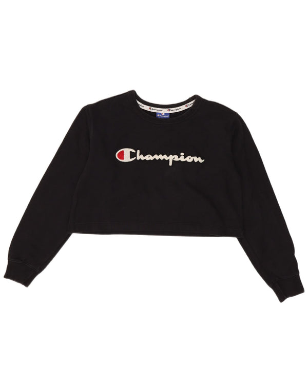 Champion Womens Oversized Crop Graphic Sweatshirt Jumper UK 6 XS Black