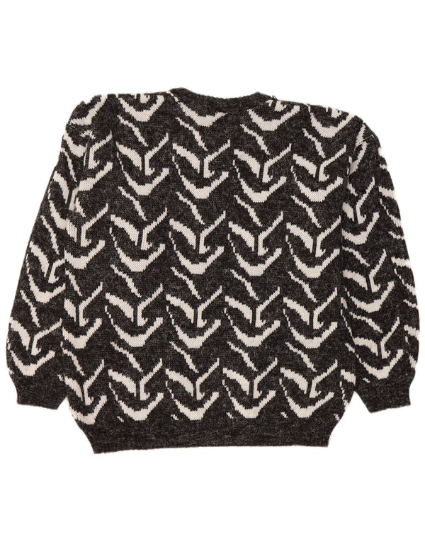 vintage Womens Crew Neck Jumper Sweater UK 16 Grand Noir Géométrique
