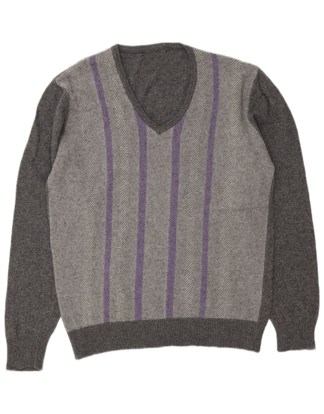 Vintage Mens V-Neck Jumper Sweater Large Grey Striped