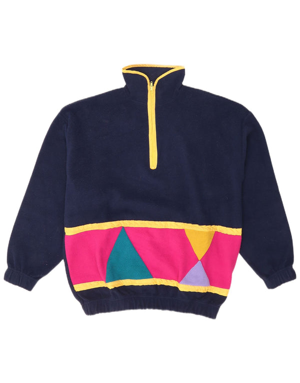 Vintage Womens Zip Neck Fleece Jumper UK 16 Large Navy Blue Geometric