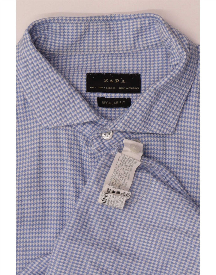 Zara Mens Regular Fit Flannel Shirt Large Blue Houndstooth Cotton