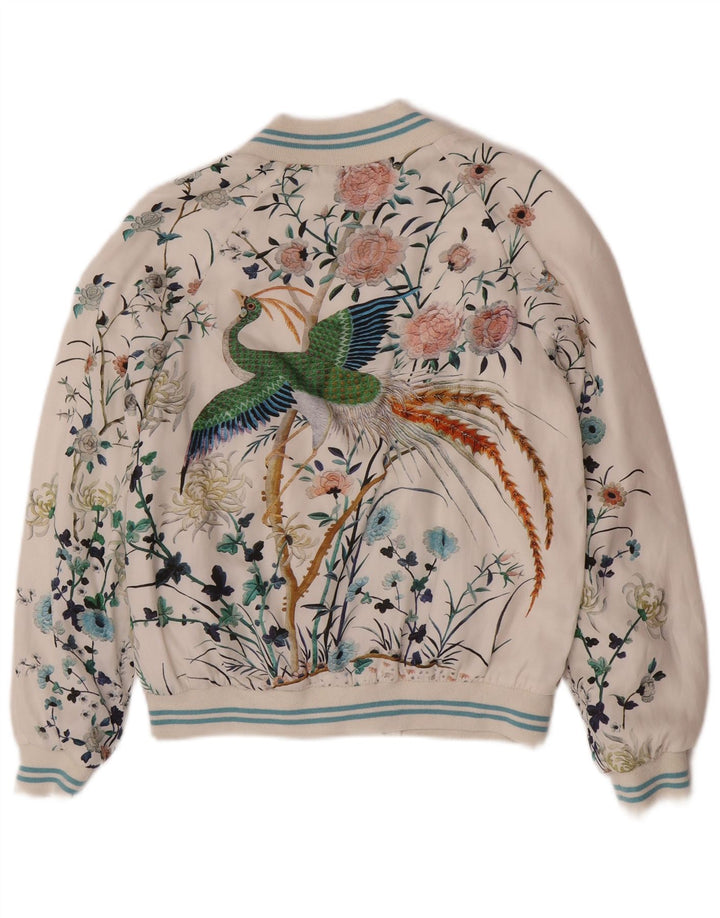Giubbotto bomber grafico da donna Zara UK 6 XS poliestere floreale bianco