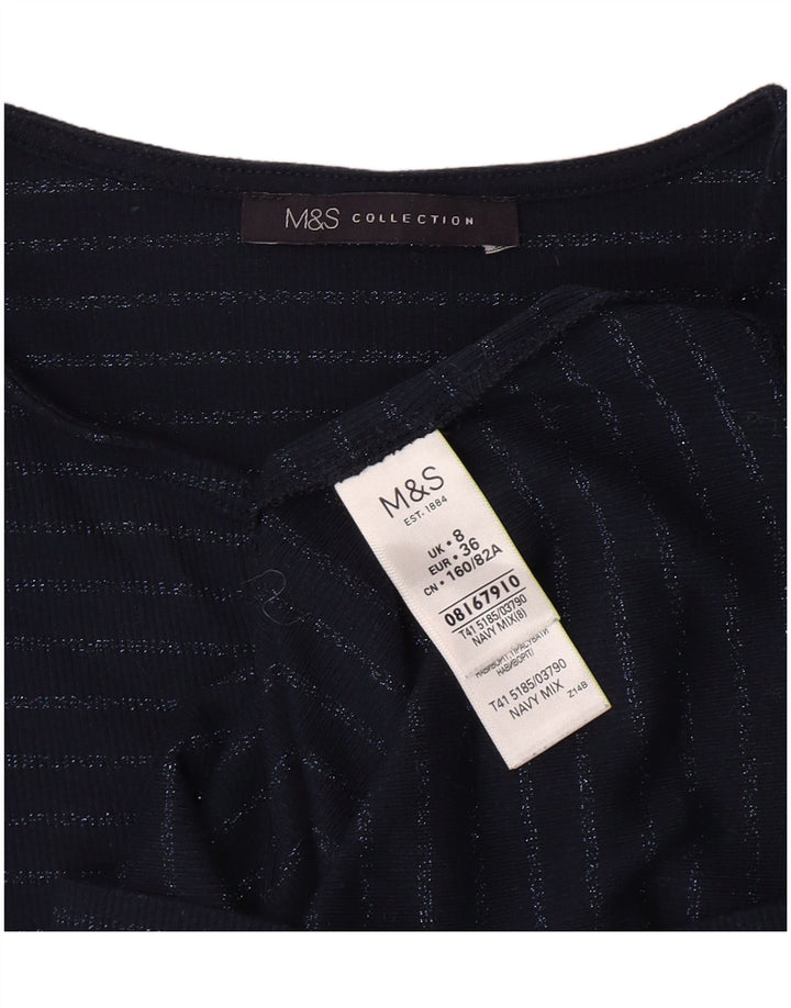 Marks & Spencer Womens Top Long Sleeve UK 8 Small Navy Blue Striped