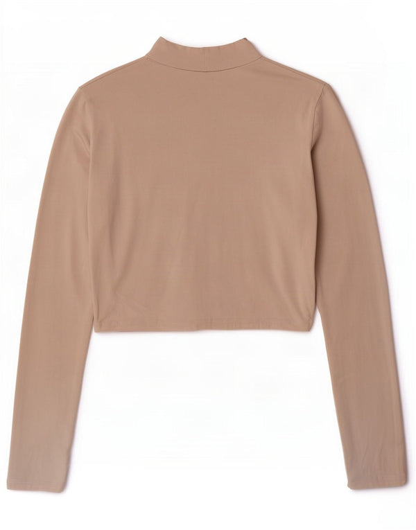 Zara Womens Crop Top Long Sleeve UK 10 Small Beige Cotton