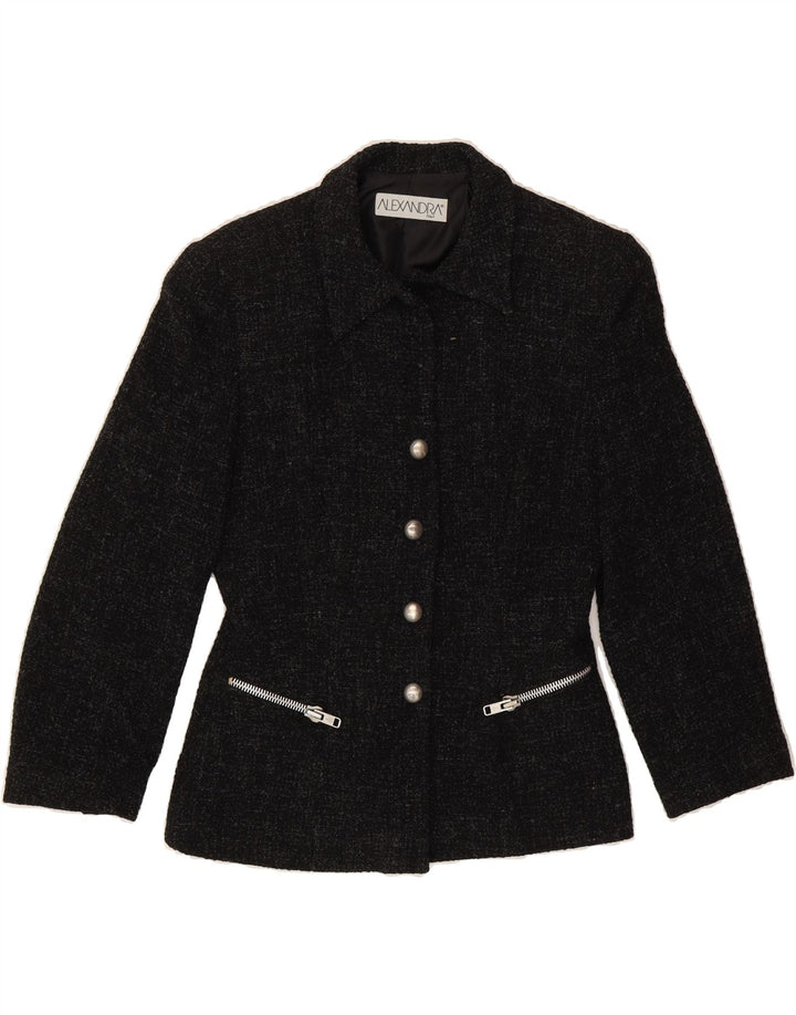 ALEXANDRA Womens 4 Button Blazer Jacket UK 14 Medium Black Flecked Wool Vintage Alexandra and Second-Hand Alexandra from Messina Hembry 