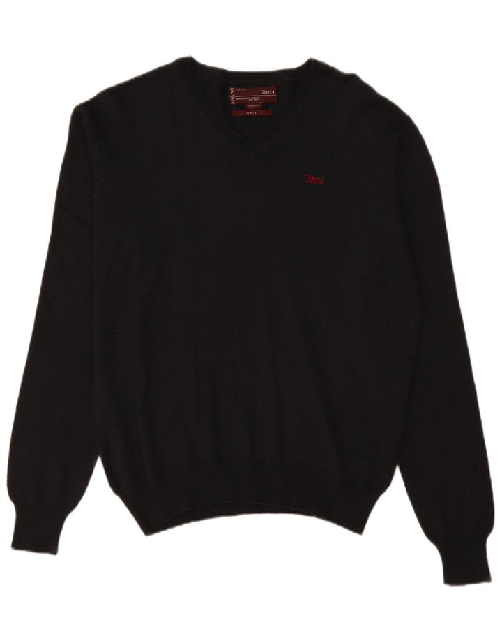 Marlboro Classics Mens Slim Fit V-Neck Jumper Sweater Medium Black Wool