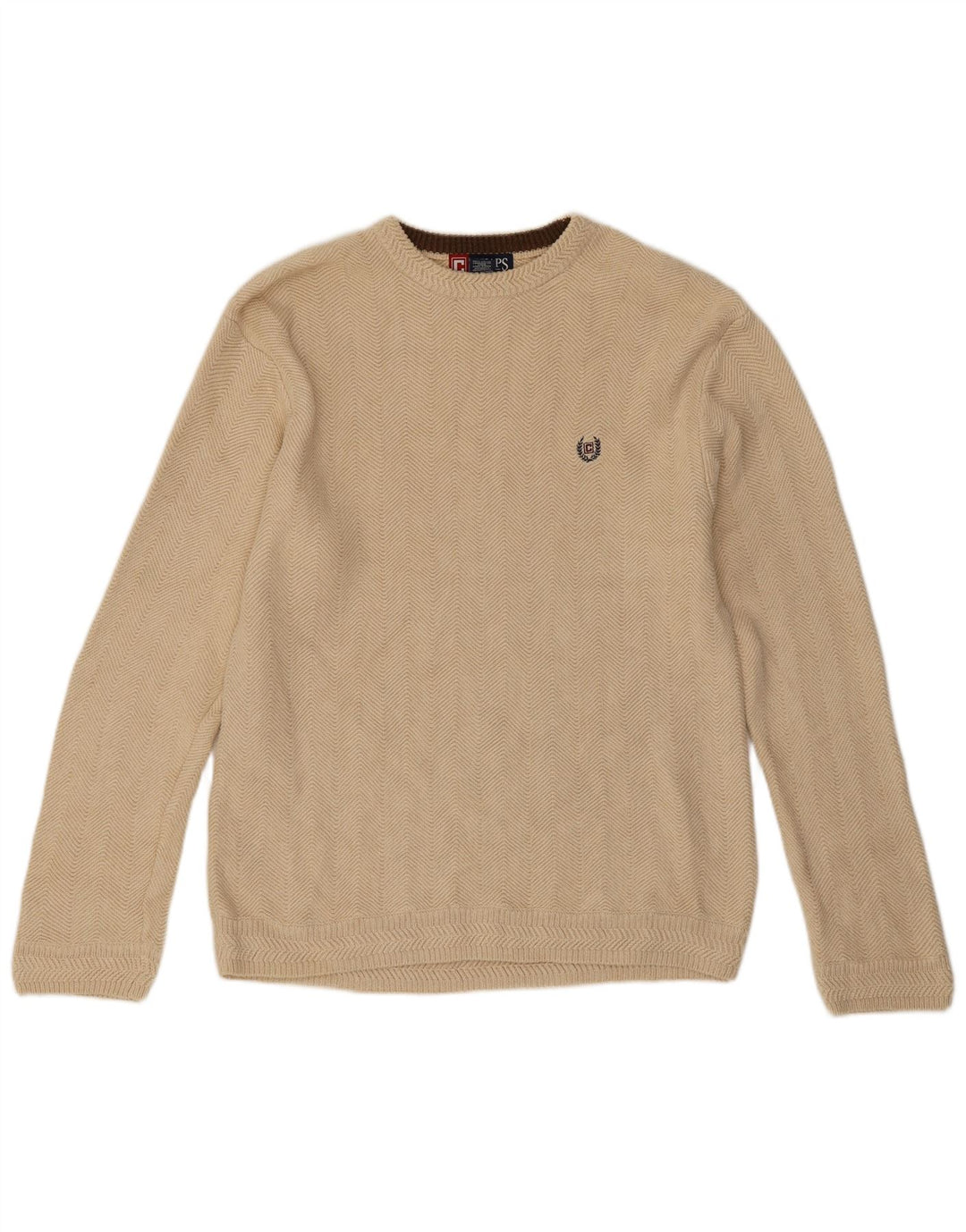 Chaps Mens Crew Neck Jumper Sweater Medium Beige Chevron Cotton