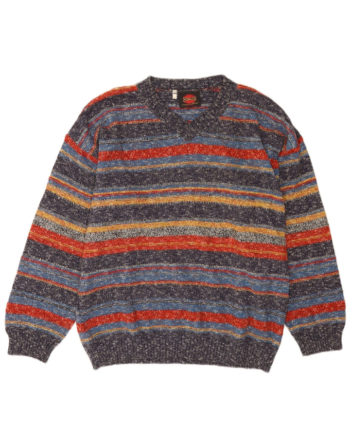 Oxymel Mens V-Neck Jumper Sweater Large Multicoloured Striped Wool