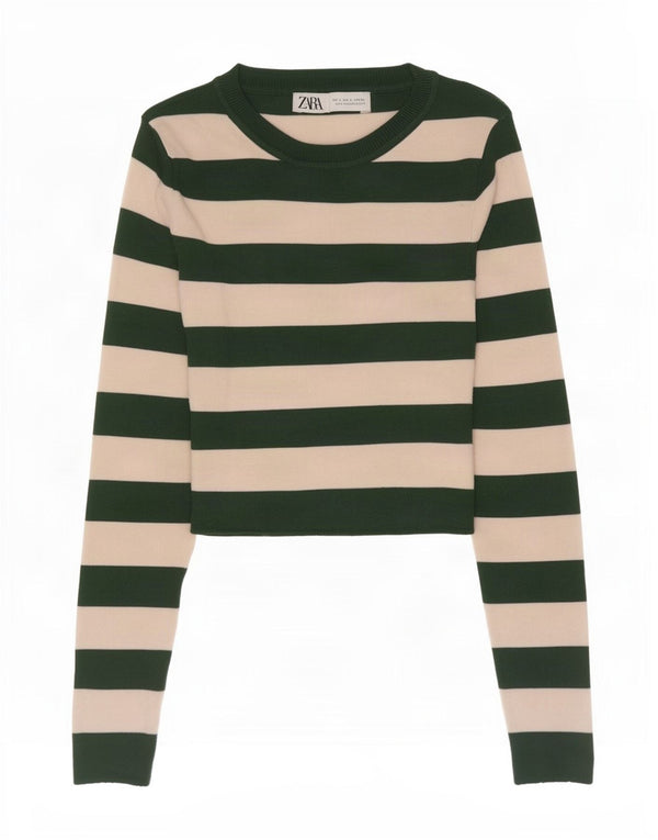 Zara Damen Crop Top Langarm UK 8 Small Grün gestreifte Viskose