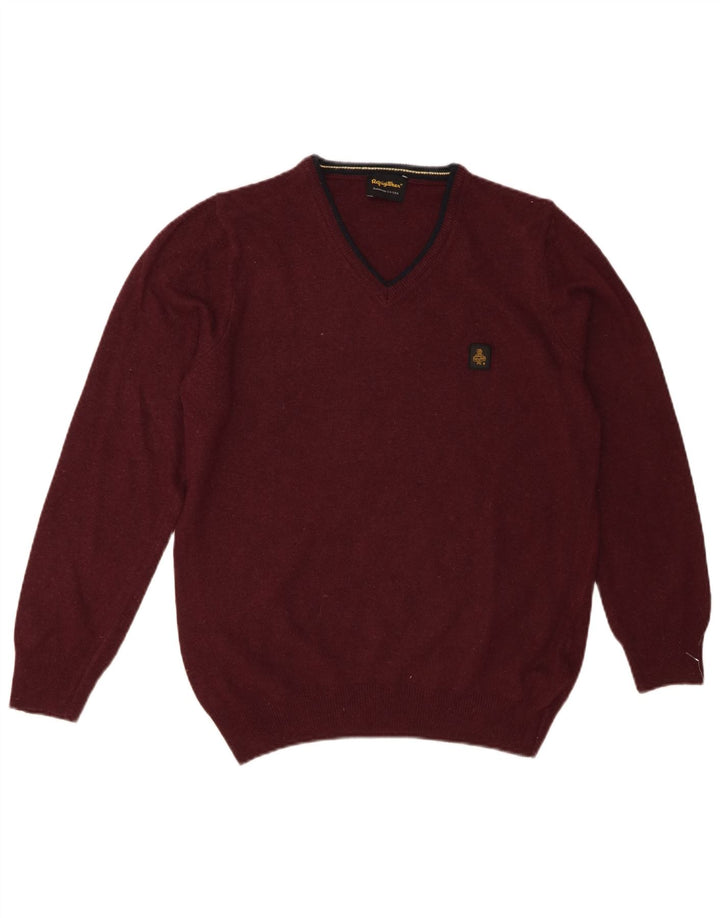 REFRIGIWEAR Mens V-Neck Jumper Sweater Medium Burgundy Wool
