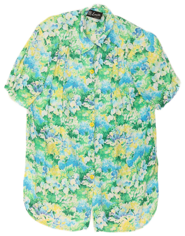 Koszula damska z krótkim rękawem w stylu vintage UK 14, duża, zielona wiskoza w kwiaty