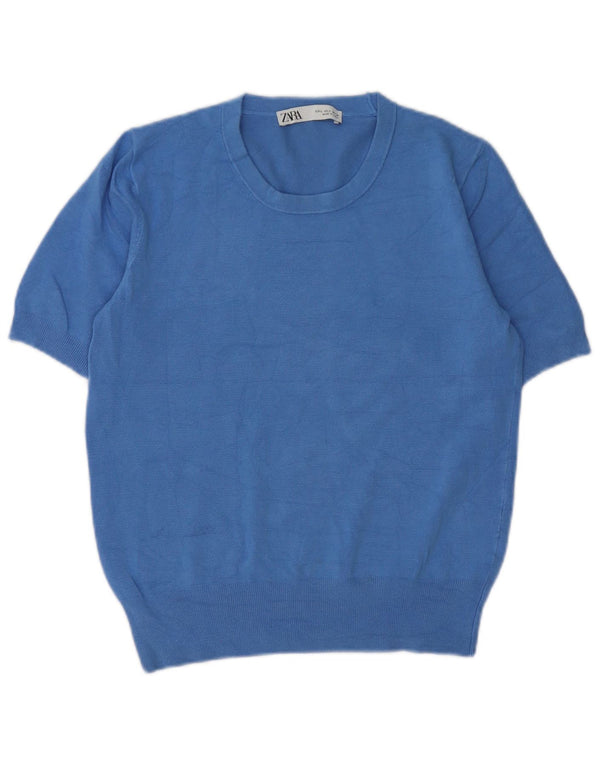 Zara Womens Short Sleeve Crew Neck Jumper Sweater UK 16 Large Blue