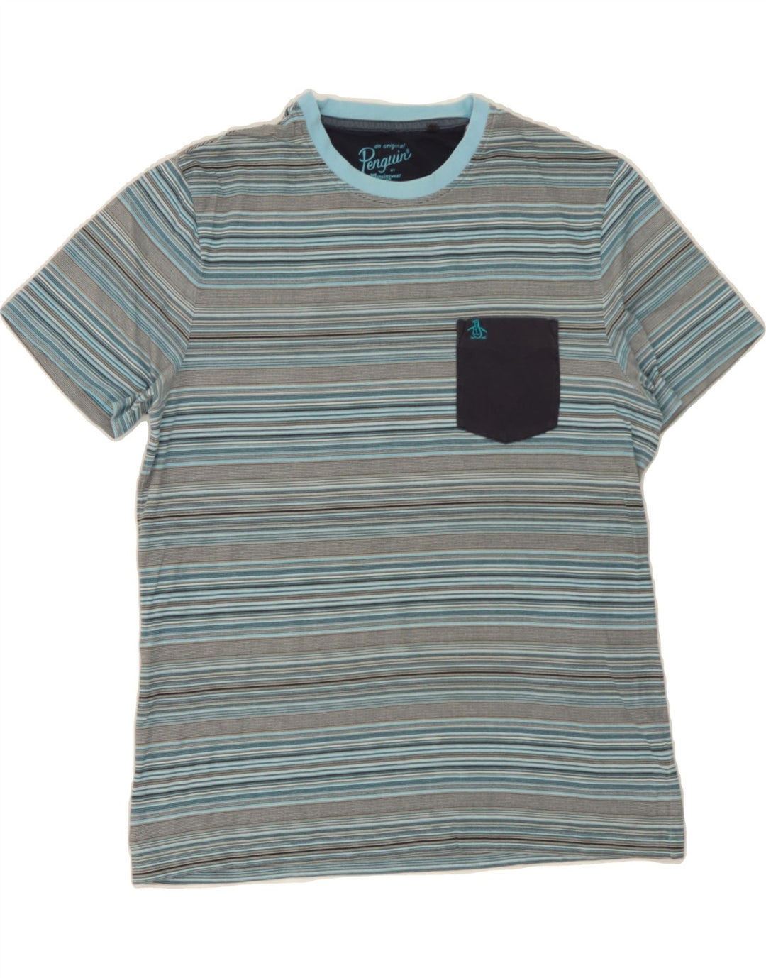 PENGUIN Mens T-Shirt Top Large Blue Striped Cotton Vintage Penguin and Second-Hand Penguin from Messina Hembry 
