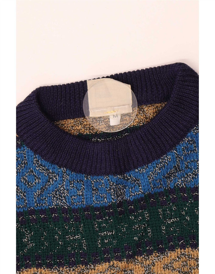 Vintage Mens Crew Neck Jumper Sweater Medium Blue Argyle/Diamond