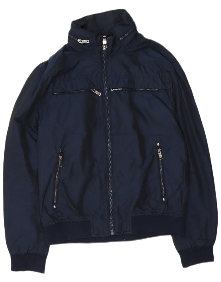 Zara Mens Hooded Bomber Jacket UK 42 XL Navy Blue Polyester