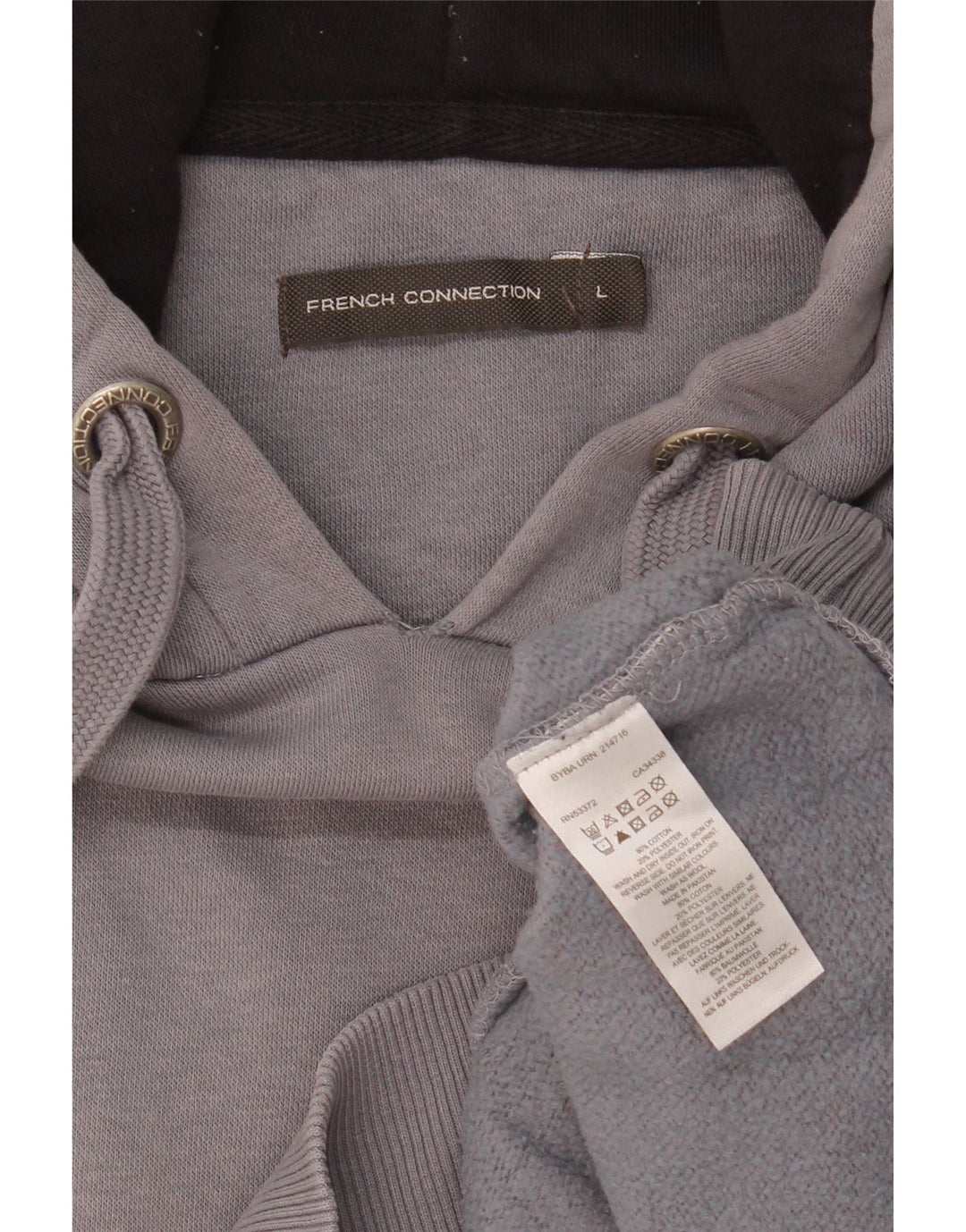 FRENCH CONNECTION Suéter com capuz gráfico masculino grande algodão cinza