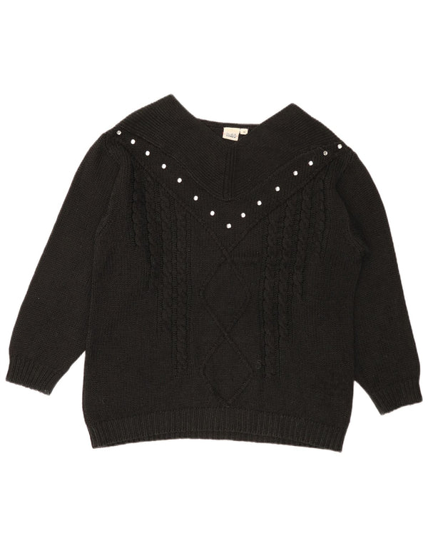 Vintage Dame V-hals sweater UK 14 Medium Sort Bomuld