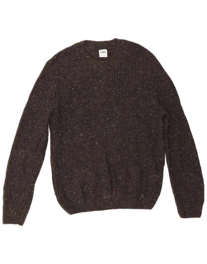 Zara Mens Crew Neck Jumper Sweater Medium Grey Flecked Wool