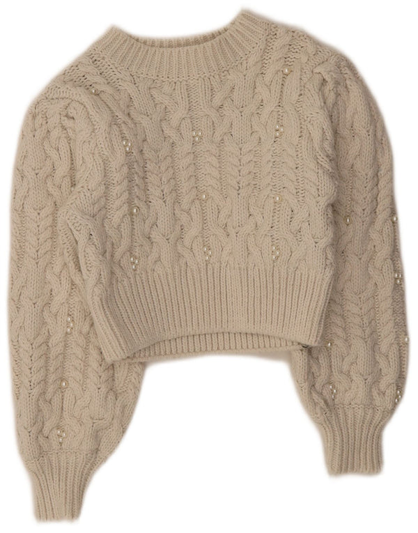 Zara Womens Crop Crew Neck Jumper Sweater UK 8 Small Off White Polyester