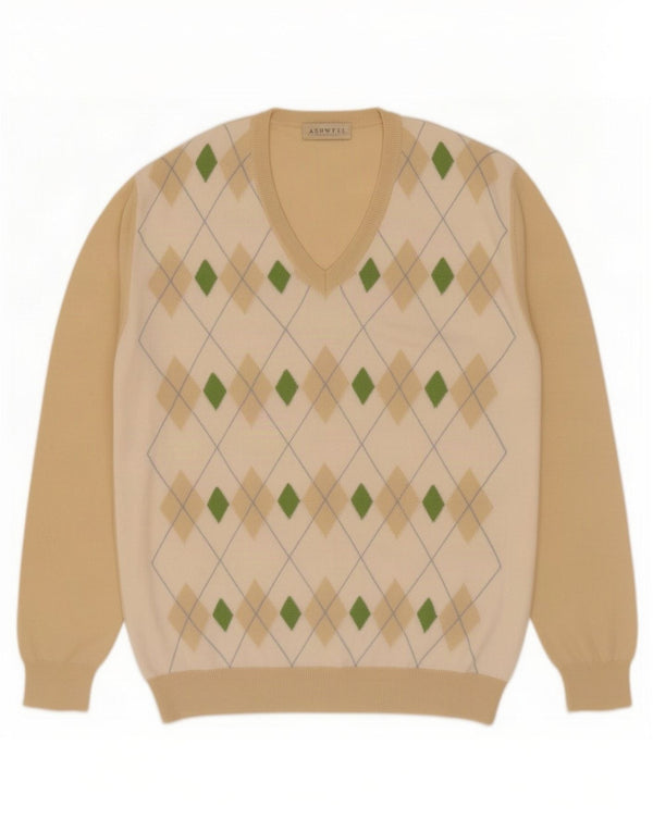 Maglione da uomo con scollo a V Ashwell IT 52 Large Beige Argyle/Diamond Cotton