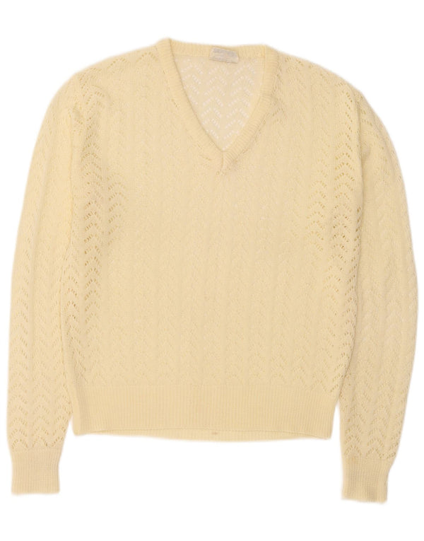 Vintage Damen Pullover mit V-Ausschnitt IT 46 Großes gelbes Polyacryl