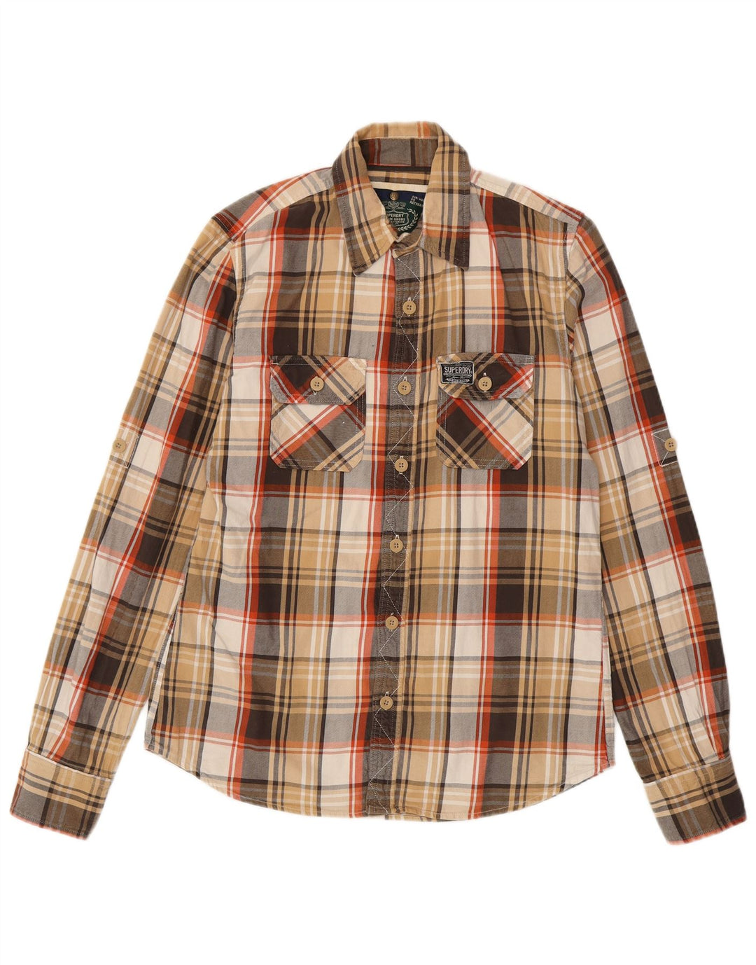 SUPERDRY Mens Flannel Shirt Large Brown Check Cotton