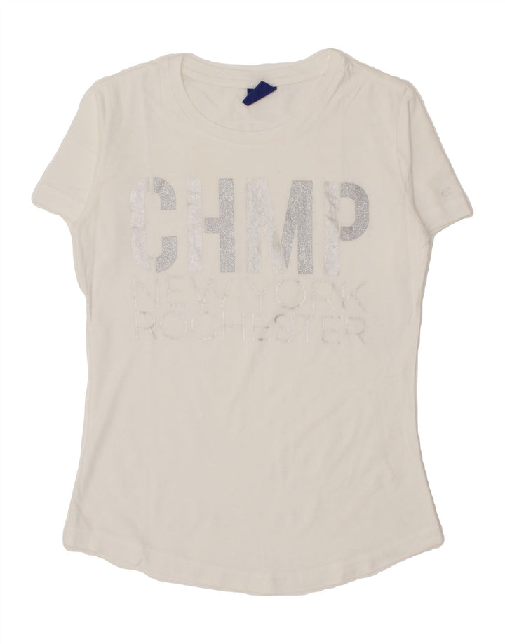 CHAMPION Womens Graphic T-Shirt Top UK 12 Medium White Vintage Champion and Second-Hand Champion from Messina Hembry 