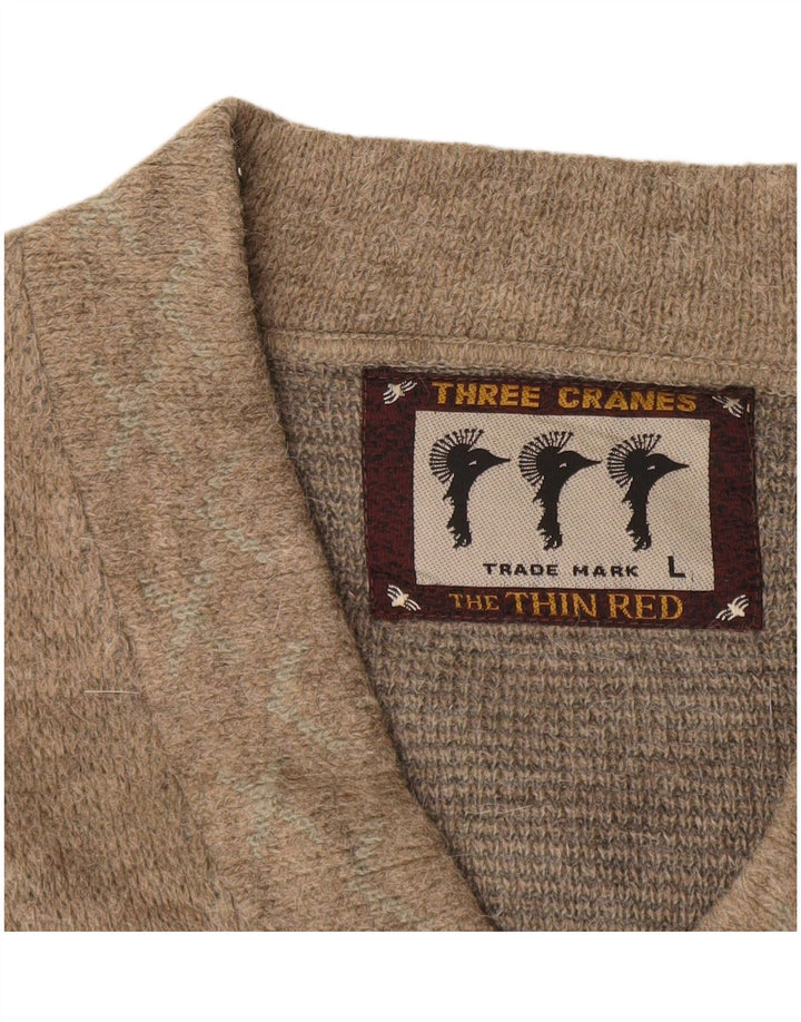 Vintage Mens V-Neck Jumper Sweater Large Beige Argyle/Diamond