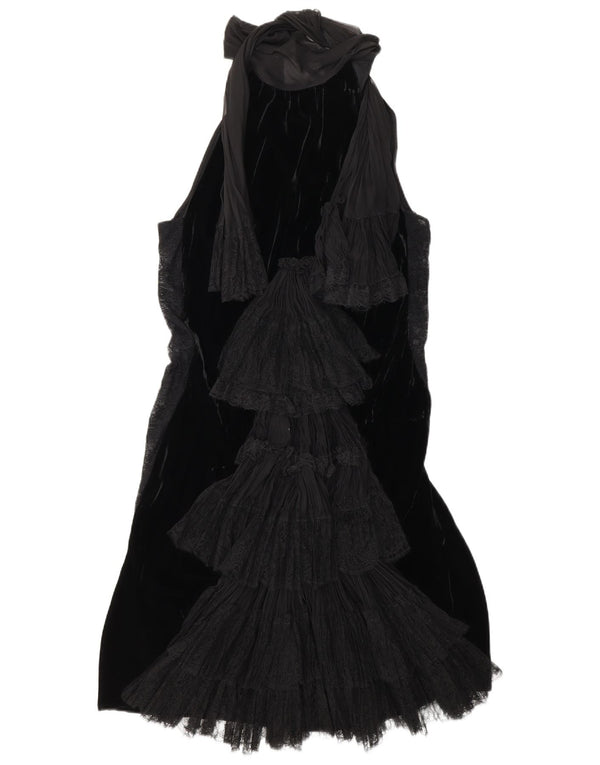 Vintage Womens Sleeveless Velvet Tiered Dress UK 12 Medium Black