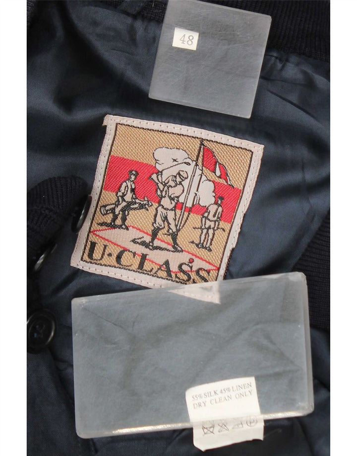 Vintage Mens Bomber Jacket IT 48 Medium Navy Blue Silk