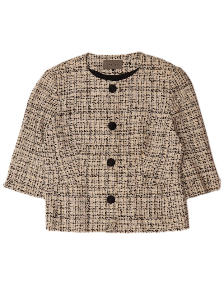 Jaeger Womens 4 Button 3/4 Sleeve Blazer Jacket UK 16 Large Beige Check