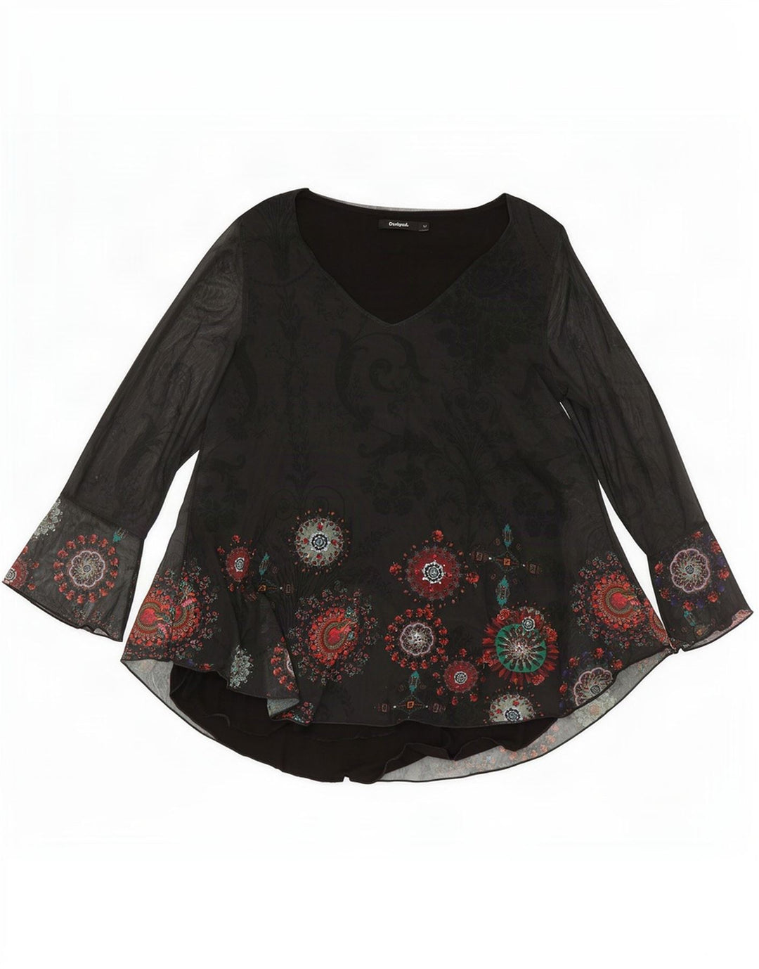 Desigual Donna Manica Lunga Tunica Top UK 12 Medio Nero Paisley Poliestere
