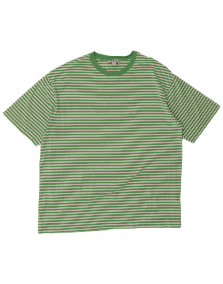 Cos Mens T-Shirt Top Medium Green Striped Cotton