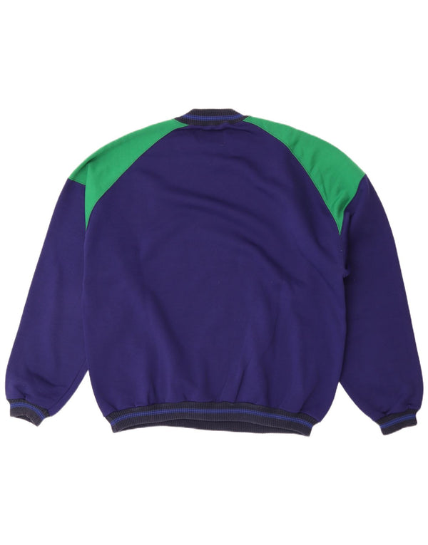 vintage Mens Graphic Sweatshirt Jumper XL Bleu Marine Colourblock Coton
