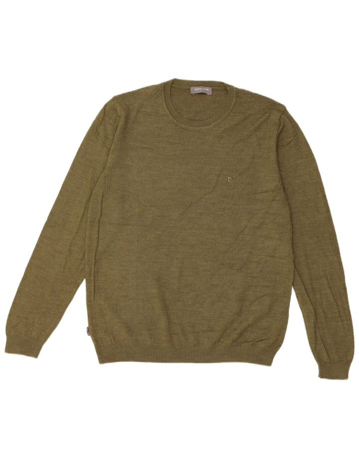 PIERRE CARDIN Mens Crew Neck Jumper Sweater Medium Khaki Wool