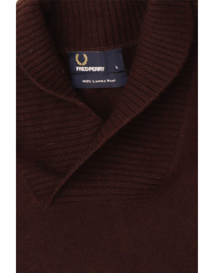 Fred Perry Mens Shawl Neck Jumper Sweater Large Brown Lambswool