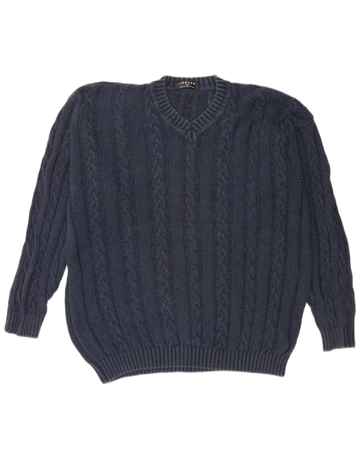 Jaeger Mens V-Neck Jumper Sweater Large Navy Blue Cotton