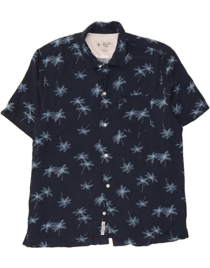 PENGUIN Mens Abstract Pattern Short Sleeve Shirt Medium Navy Blue Viscose Vintage Penguin and Second-Hand Penguin from Messina Hembry 