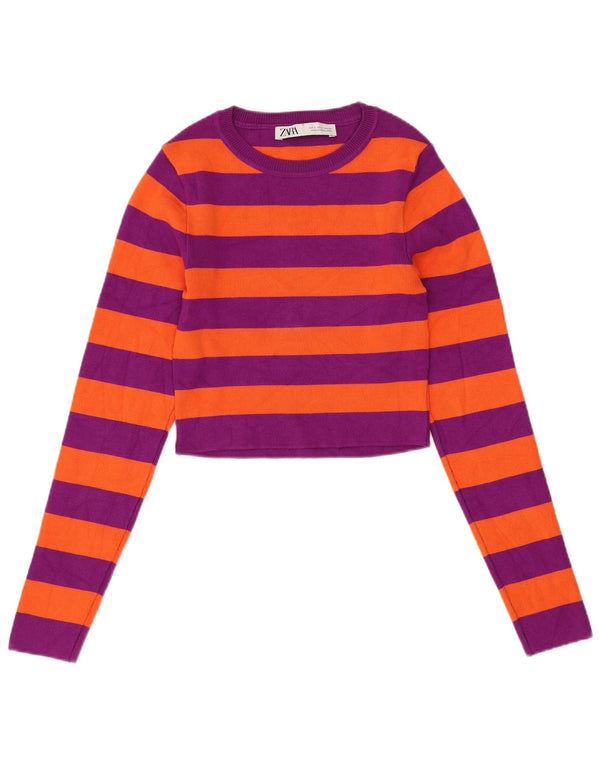 ZARA Maglione Corto da Donna con Scollo a Barca UK 8 Piccolo a Righe Viola