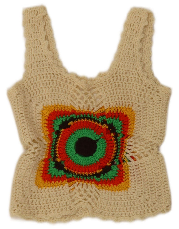 Vintage Womens Crochet Sleeveless Crop Top UK 4 XS Off White Geometric