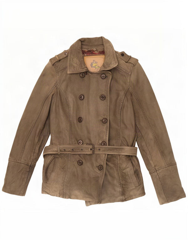 Vintage Damen Militärische Zweireihige Lederjacke EU 38 Medium Khaki