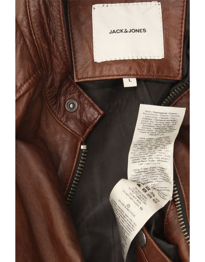 Jack & Jones Mens Leather Biker Jacket UK 40 Large Brown Leather