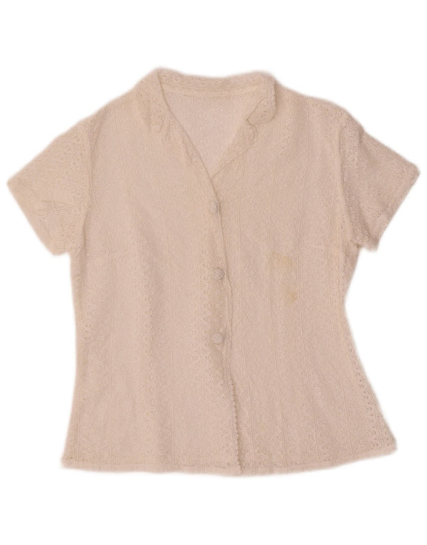 Vintage Womens Crop kortærmet hæklet skjortebluse UK 10 Small White
